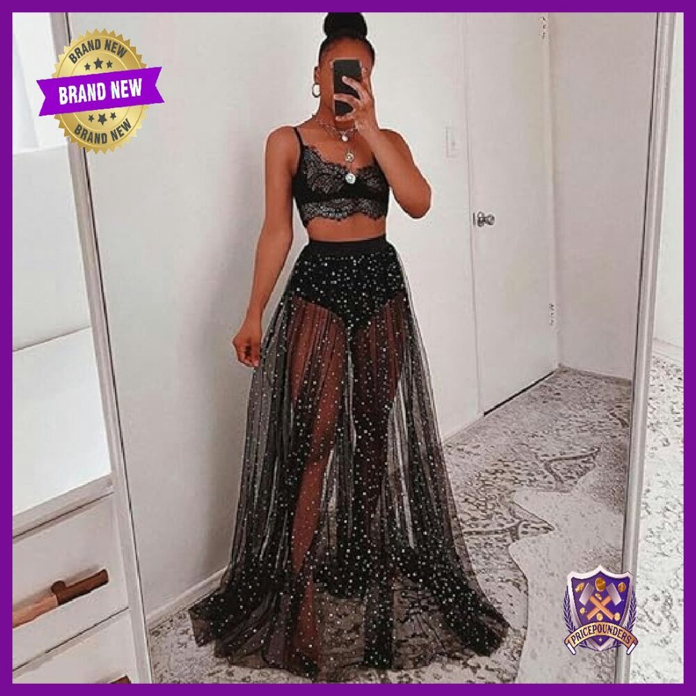 2 in 1 Tulle Sequin Maxi Skirt with Shorts, Rave Festival Sparkly Costume - Picture 4 of 7